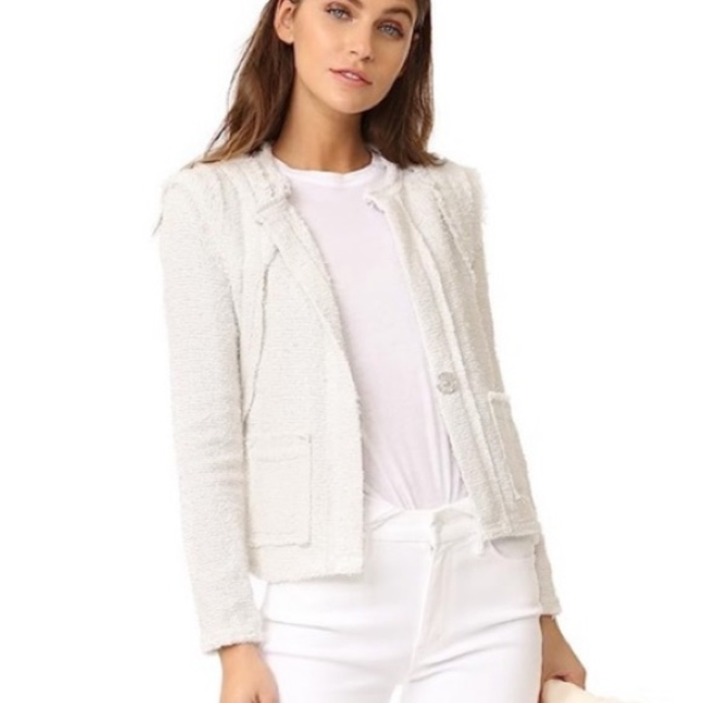 IRO Aiden Boucle Jacket Textured Tweed Cotton Blazer Raw Fringe Hem